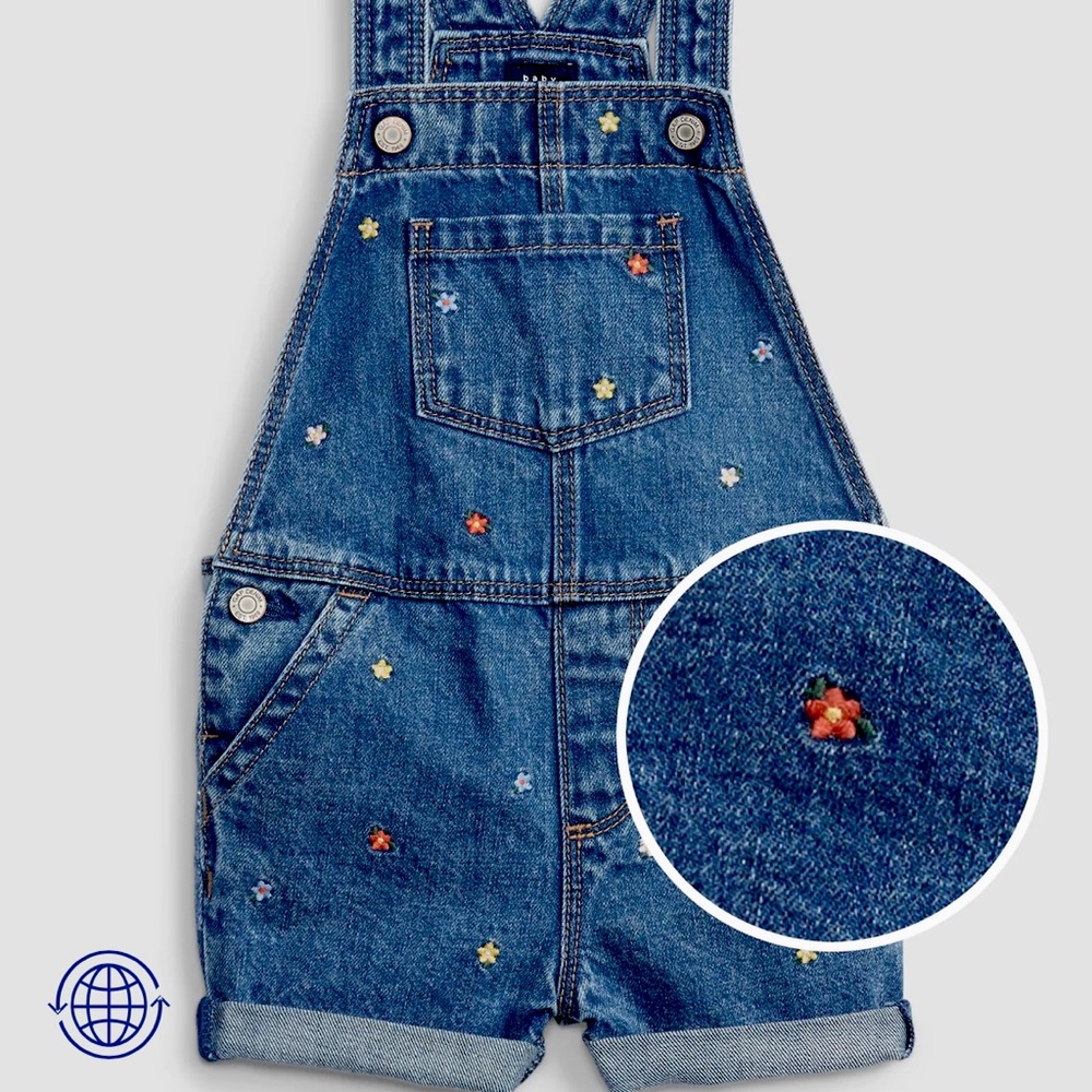 Toddler denim shortalls with flowers print
